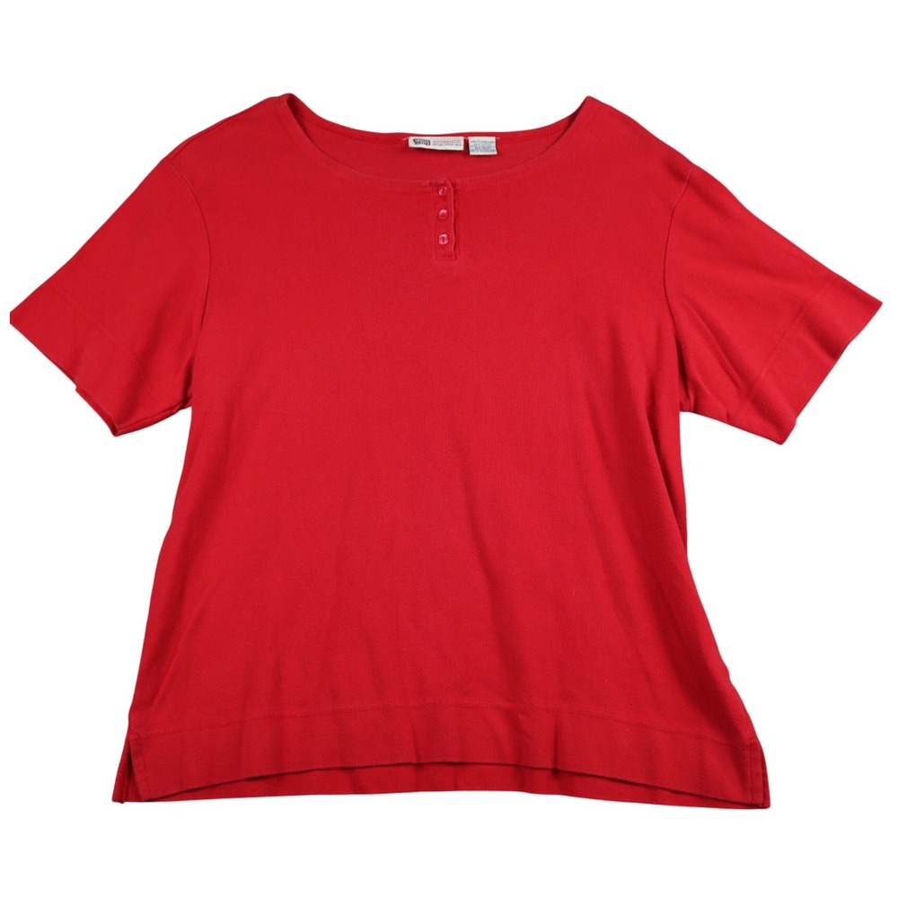 Faded Glory Red Cotton Henley Shirt Womens XL‎ Short Sleeve Button Neck Casual